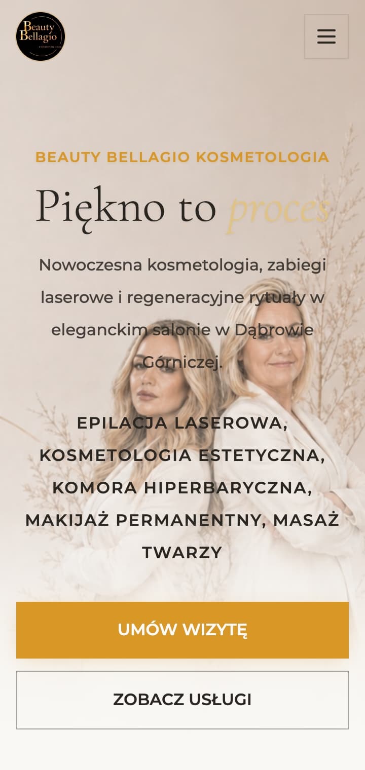 Ta sama strona na ekranie telefonu: logo salonu i menu pod hamburgerem, nagłówek oraz akapit wyśrodkowane, lista zabiegów złamana na pięć wierszy, a przyciski Umów wizytę i Zobacz usługi ustawione jeden pod drugim na całą szerokość, ze zdjęciem osób zostawionym w tle.