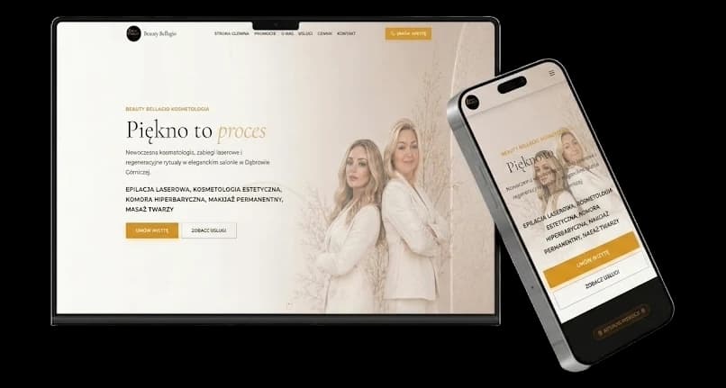 Strona Beauty Bellagio na ekranie komputera: jasny, beżowy pierwszy ekran, okrągłe logo salonu i pasek z pozycjami Strona główna, Promocje, O nas, Usługi, Cennik i Kontakt oraz przyciskiem Umów wizytę, po lewej nagłówek „Piękno to proces” krojem szeryfowym, akapit o kosmetologii w Dąbrowie Górniczej, wypisane wersalikami rodzaje zabiegów i przyciski Umów wizytę oraz Zobacz usługi, a po prawej zdjęcie dwóch osób w jasnych garniturach na tle suchych gałęzi.